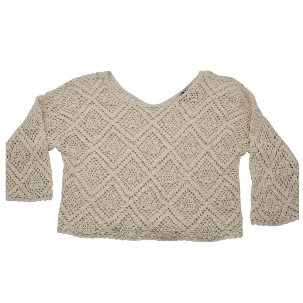 MY Womens Cream Crochet Knit Ramie Cotton Sweater Size L 3/4 SL Boho Cottage